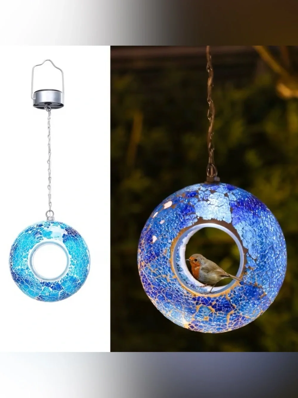 6.3” Solar Mosaic Fly Thru Hanging Bird Feeder - Decorative Outdoor Seed Feeder